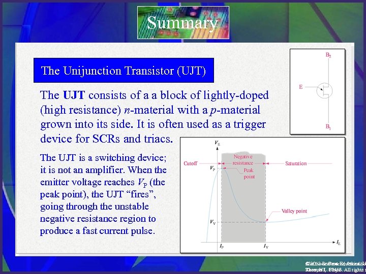 Summary The Unijunction Transistor (UJT) The UJT consists of a a block of lightly-doped