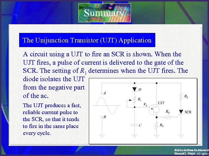 Summary The Unijunction Transistor (UJT) Application A circuit using a UJT to fire an