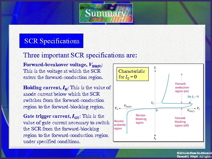 Summary SCR Specifications Three important SCR specifications are: Forward-breakover voltage, VBR(F): This is the