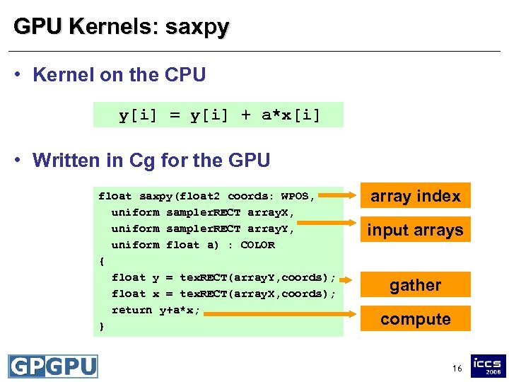 GPU Kernels: saxpy • Kernel on the CPU y[i] = y[i] + a*x[i] •