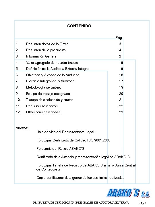 CONTENIDO Pág. 1. Resumen datos de la Firma 3 2. Resumen de la propuesta