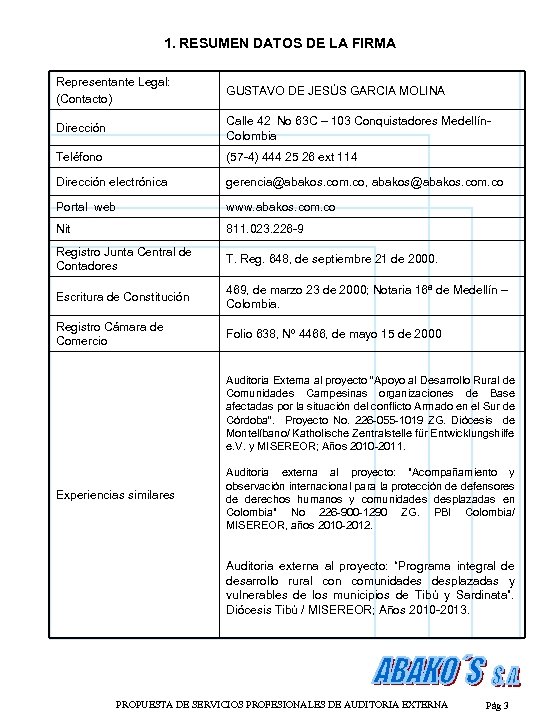 1. RESUMEN DATOS DE LA FIRMA Representante Legal: (Contacto) GUSTAVO DE JESÚS GARCIA MOLINA