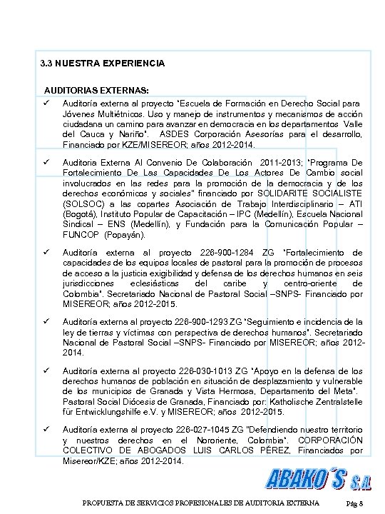 3. 3 NUESTRA EXPERIENCIA AUDITORIAS EXTERNAS: ü Auditoría externa al proyecto “Escuela de Formación