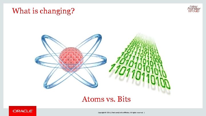 What is changing? Atoms vs. Bits Copyright © 2014, Oracle and/or its affiliates. All