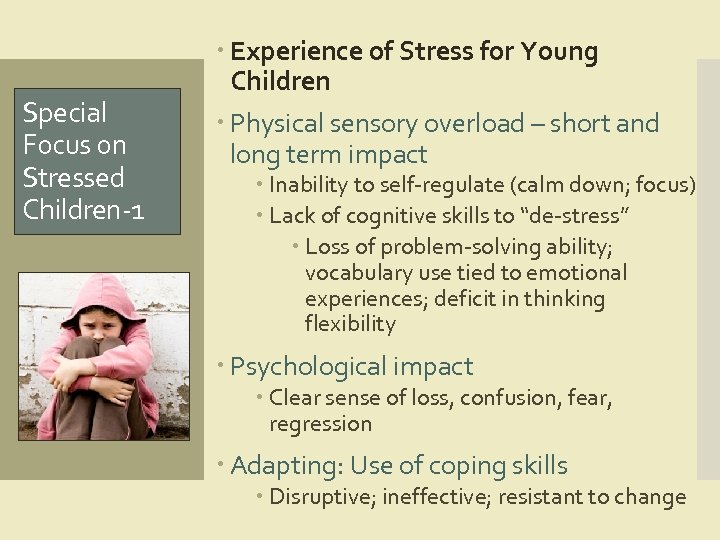 Special Focus on Stressed Children-1 Experience of Stress for Young Children Physical sensory overload