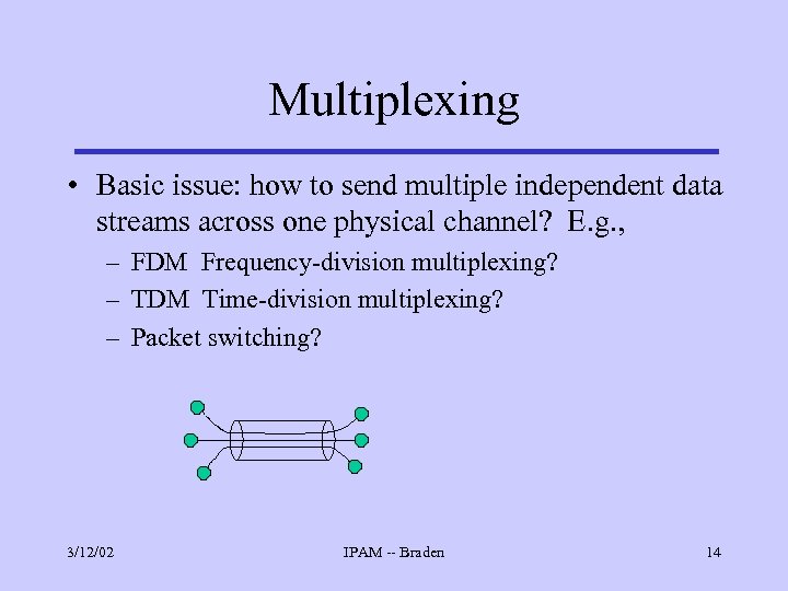 Multiplexing • Basic issue: how to send multiple independent data streams across one physical