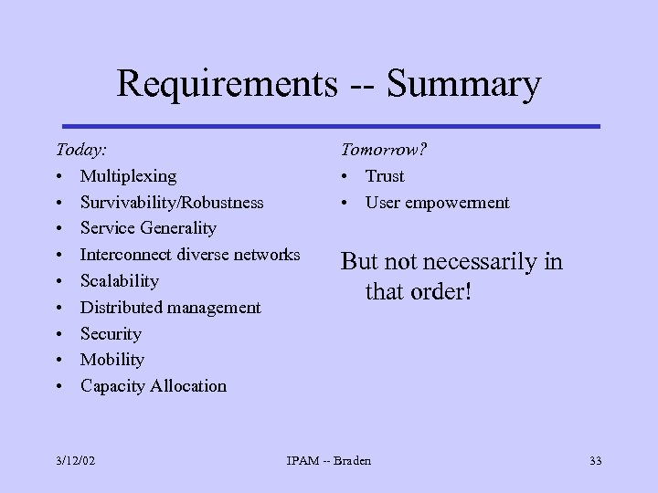 Requirements -- Summary Today: • Multiplexing • Survivability/Robustness • Service Generality • Interconnect diverse