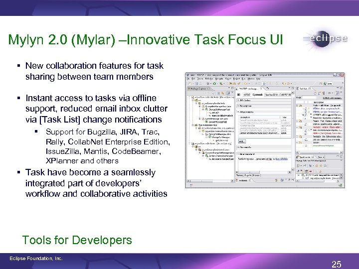 Mylyn 2. 0 (Mylar) –Innovative Task Focus UI § New collaboration features for task