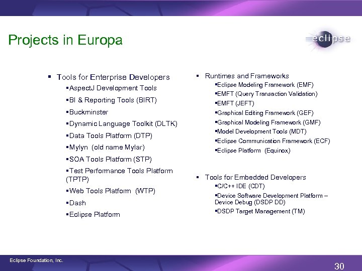 Projects in Europa § Tools for Enterprise Developers §Aspect. J Development Tools §BI &