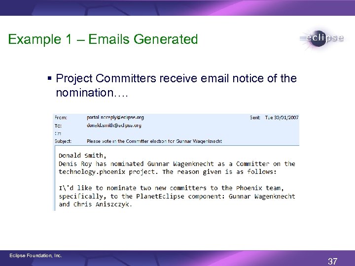 Example 1 – Emails Generated § Project Committers receive email notice of the nomination….