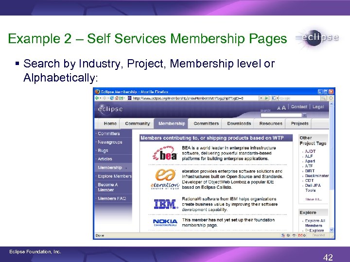 Example 2 – Self Services Membership Pages § Search by Industry, Project, Membership level