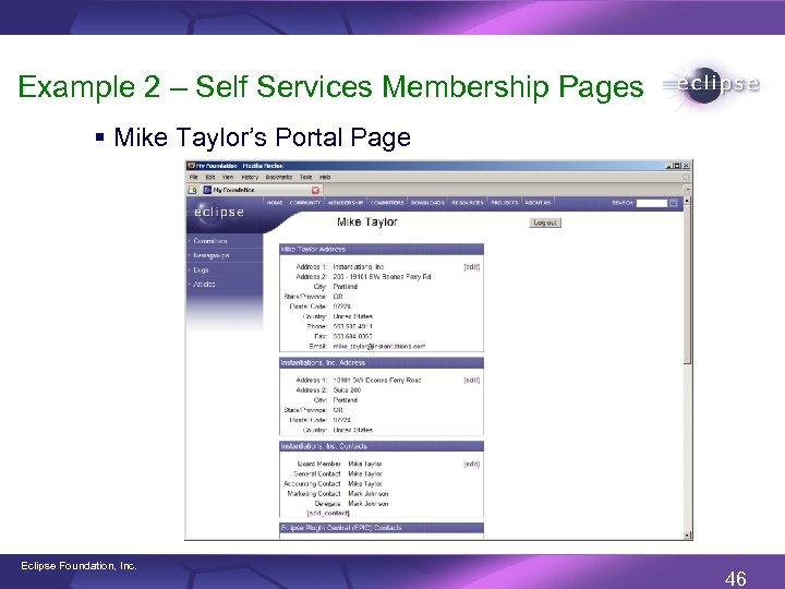Example 2 – Self Services Membership Pages § Mike Taylor’s Portal Page Eclipse Foundation,