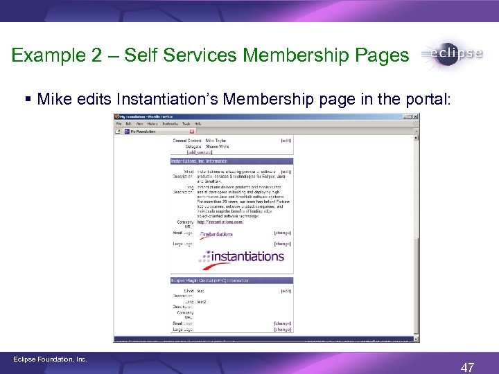 Example 2 – Self Services Membership Pages § Mike edits Instantiation’s Membership page in