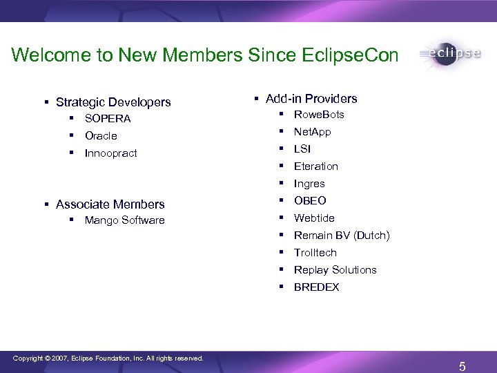 Welcome to New Members Since Eclipse. Con § Strategic Developers § Add-in Providers §