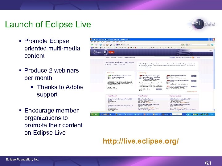 Launch of Eclipse Live § Promote Eclipse oriented multi-media content § Produce 2 webinars