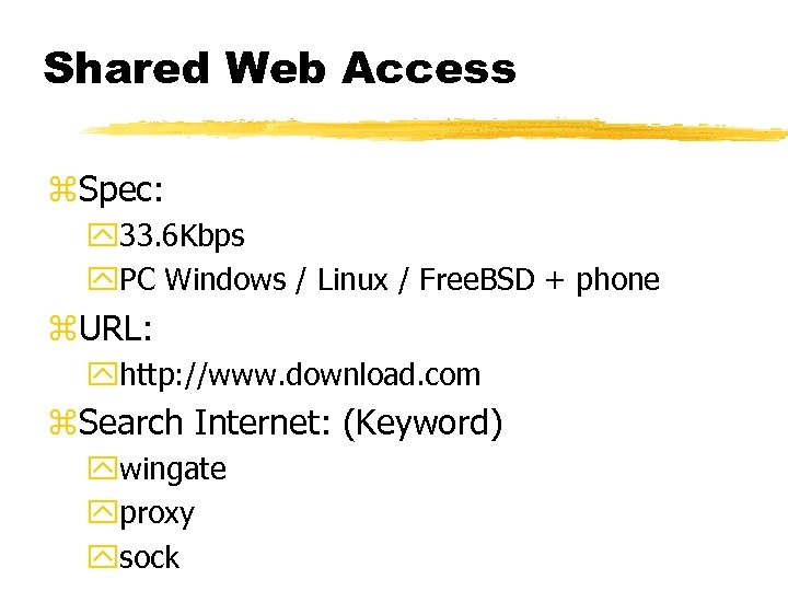 Shared Web Access z. Spec: y 33. 6 Kbps y. PC Windows / Linux