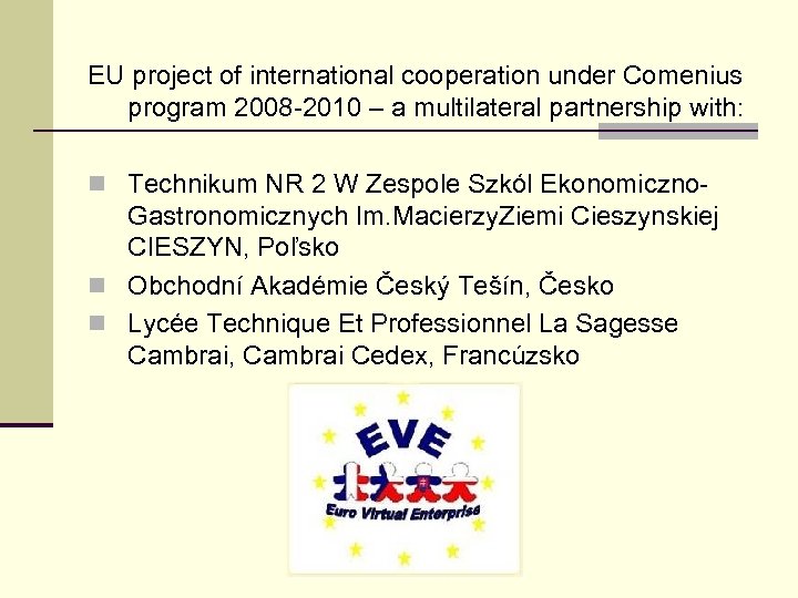 EU project of international cooperation under Comenius program 2008 -2010 – a multilateral partnership