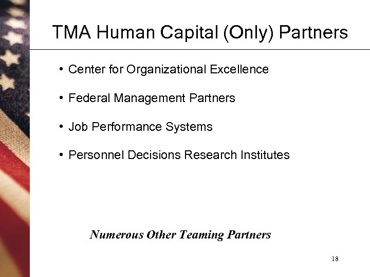 TMA Human Capital (Only) Partners • Center for Organizational Excellence • Federal Management Partners