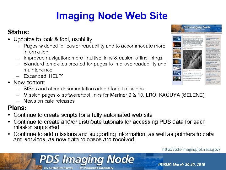 Imaging Node Web Site Status: • Updates to look & feel, usability – Pages