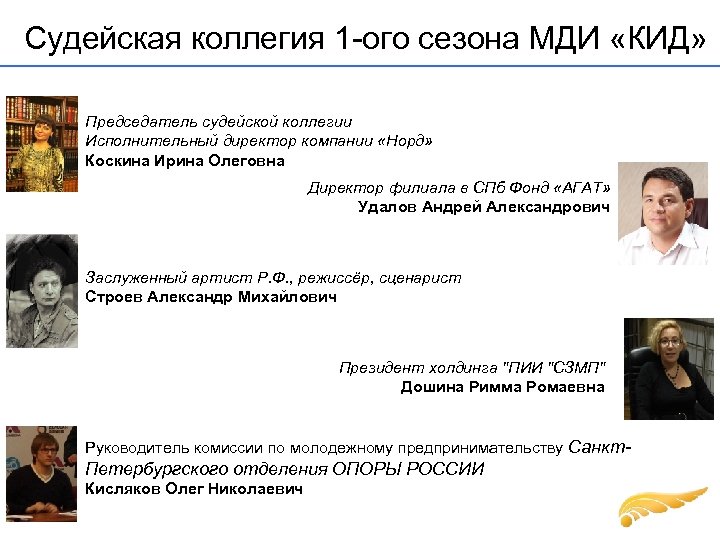  Судейская коллегия 1 -ого сезона МДИ «КИД» Председатель судейской коллегии Исполнительный директор компании