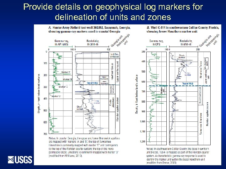 Provide details on geophysical log markers for delineation of units and zones 