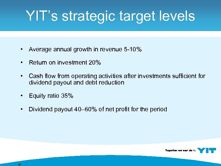 YIT’s strategic target levels • Average annual growth in revenue 5 -10% • Return