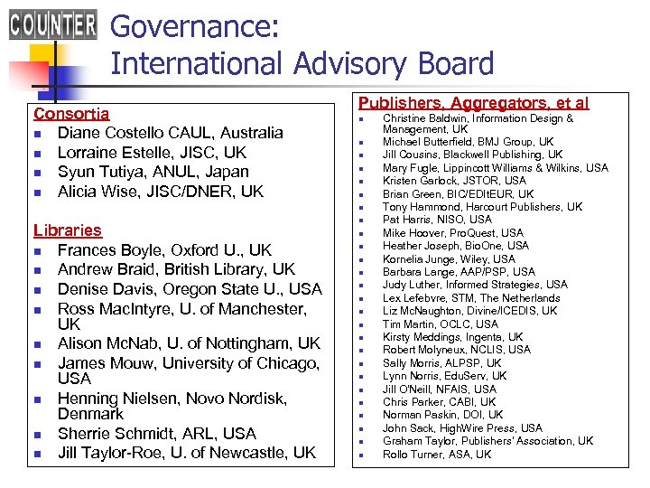 Governance: International Advisory Board Consortia n Diane Costello CAUL, Australia n Lorraine Estelle, JISC,