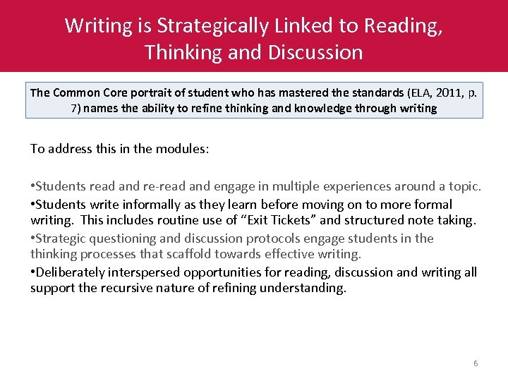 Writing is Strategically Linked to Reading, Thinking and Discussion The Common Core portrait of