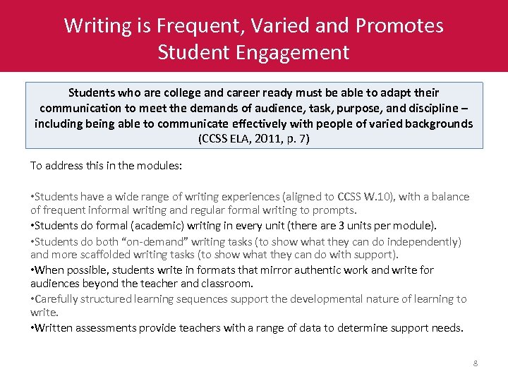 Writing is Frequent, Varied and Promotes Student Engagement Students who are college and career