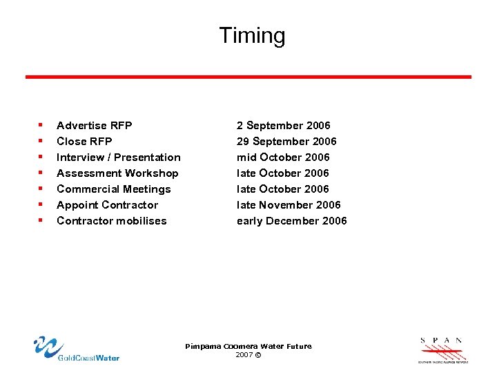 Timing § § § § Advertise RFP Close RFP Interview / Presentation Assessment Workshop