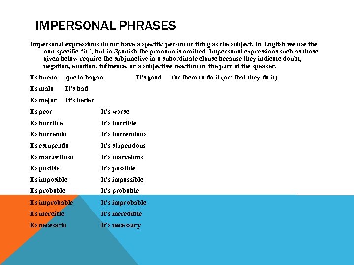 IMPERSONAL PHRASES Impersonal expressions do not have a specific person or thing as the