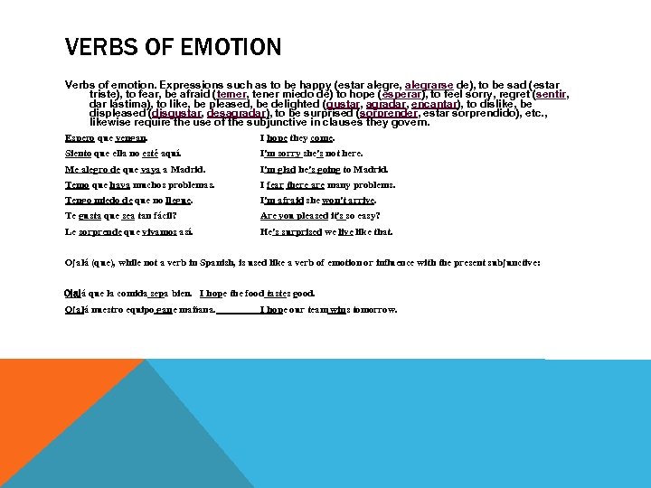 VERBS OF EMOTION Verbs of emotion. Expressions such as to be happy (estar alegre,
