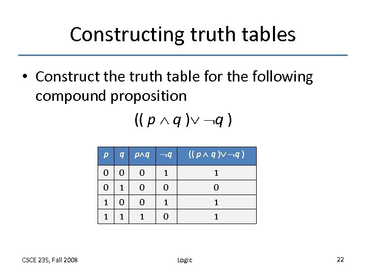 Constructing truth tables • Construct the truth table for the following compound proposition ((