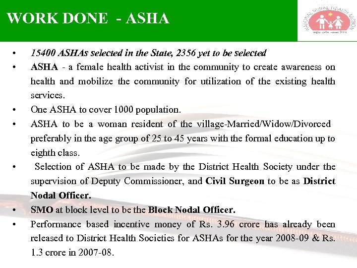 WORK DONE - ASHA • • 15400 ASHAs selected in the State, 2356 yet