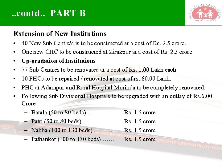 . . contd. . PART B Extension of New Institutions • • 40 New