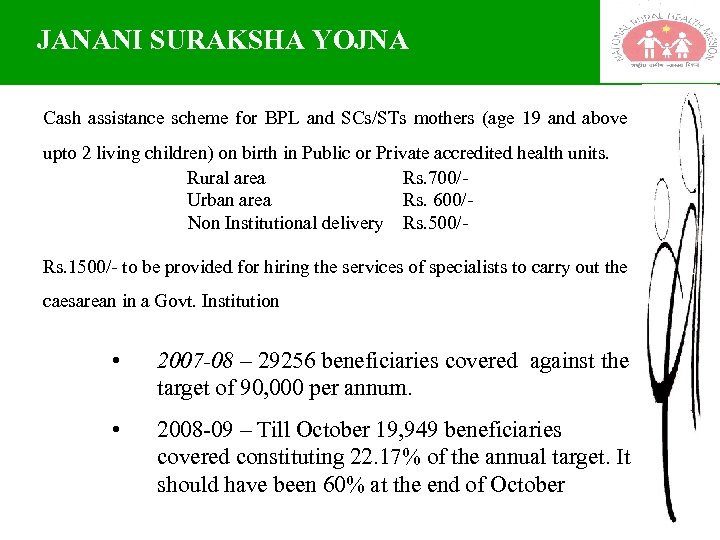 JANANI SURAKSHA YOJNA Cash assistance scheme for BPL and SCs/STs mothers (age 19 and
