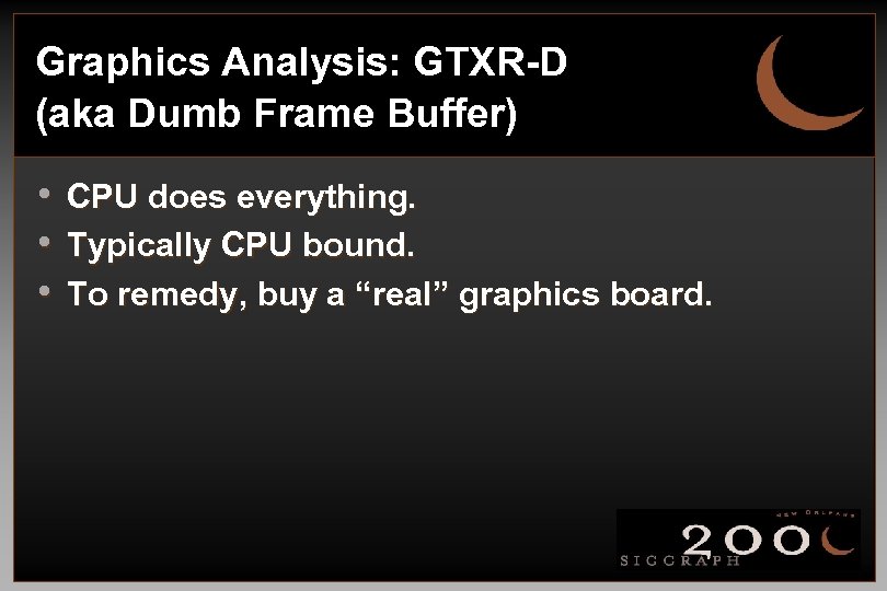 Graphics Analysis: GTXR-D (aka Dumb Frame Buffer) • • • CPU does everything. Typically