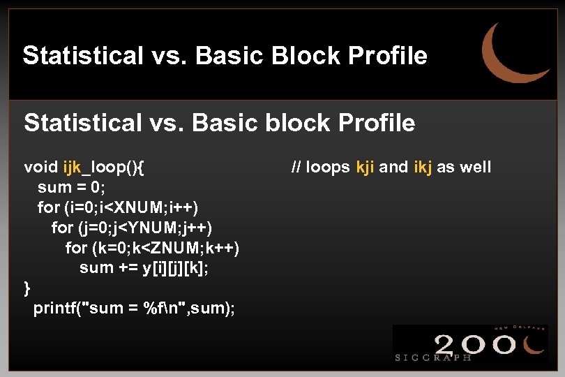 Statistical vs. Basic Block Profile Statistical vs. Basic block Profile void ijk_loop(){ sum =