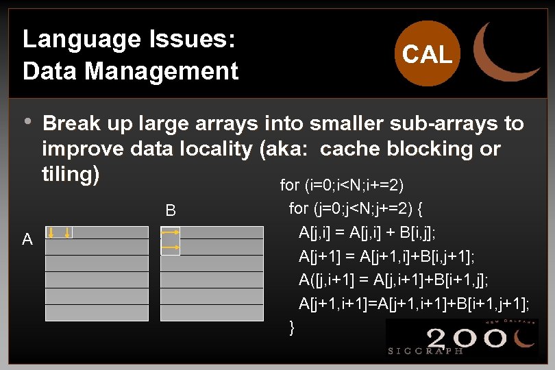 Language Issues: Data Management CAL • Break up large arrays into smaller sub-arrays to