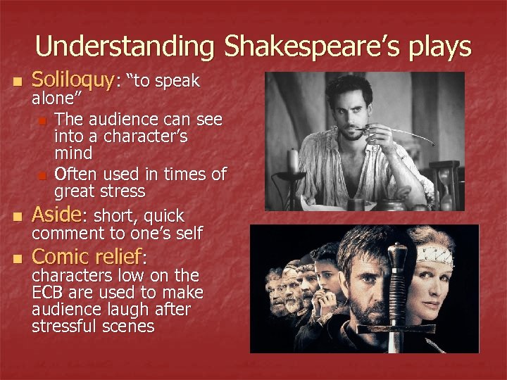 Understanding Shakespeare’s plays n n n Soliloquy: “to speak alone” n The audience can