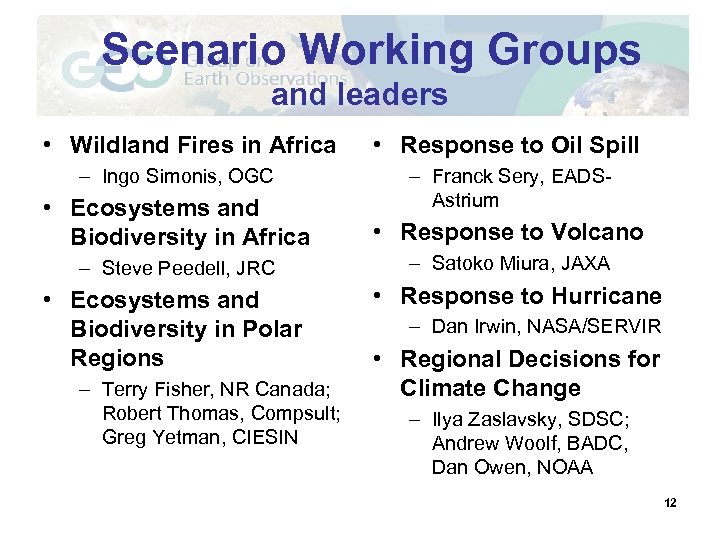 Scenario Working Groups and leaders • Wildland Fires in Africa – Ingo Simonis, OGC