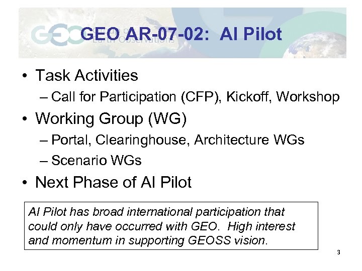 GEO AR-07 -02: AI Pilot • Task Activities – Call for Participation (CFP), Kickoff,