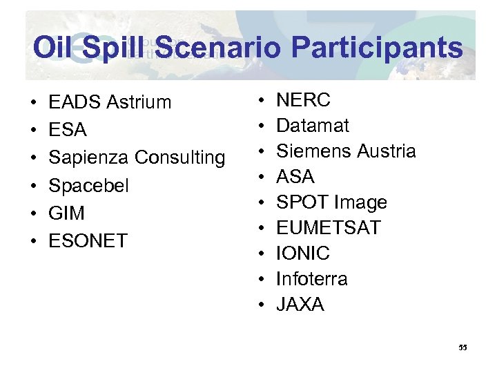 Oil Spill Scenario Participants • • • EADS Astrium ESA Sapienza Consulting Spacebel GIM