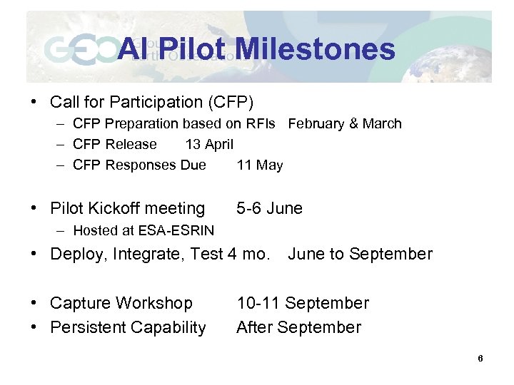 AI Pilot Milestones • Call for Participation (CFP) – CFP Preparation based on RFIs