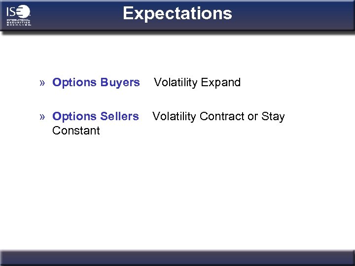 Expectations » Options Buyers Volatility Expand » Options Sellers Constant Volatility Contract or Stay