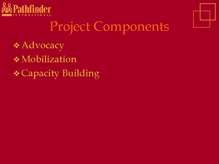 Project Components v Advocacy v Mobilization v Capacity Building 