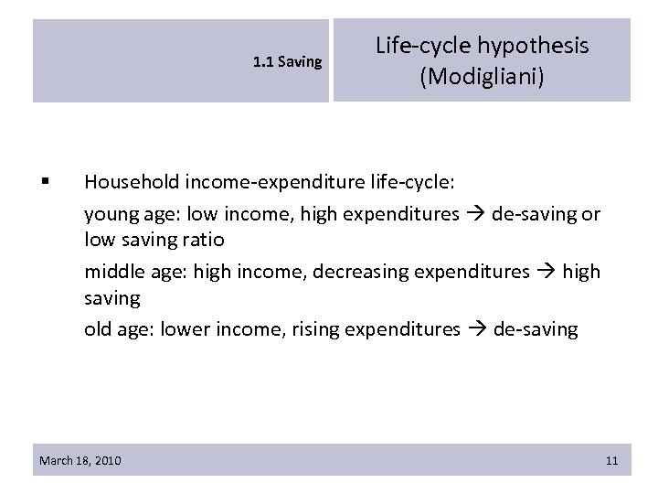 1. 1 Saving § Life-cycle hypothesis (Modigliani) Household income-expenditure life-cycle: young age: low income,