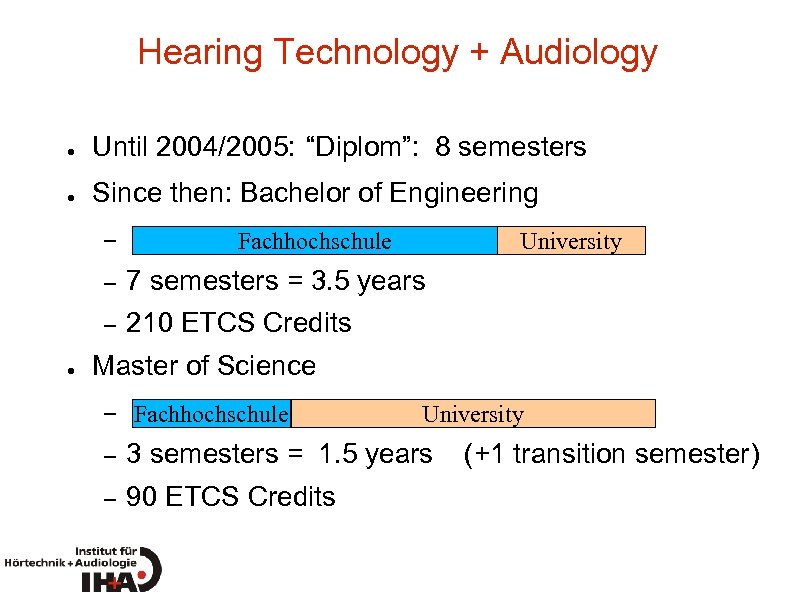 Hearing Technology + Audiology ● Until 2004/2005: “Diplom”: 8 semesters ● Since then: Bachelor