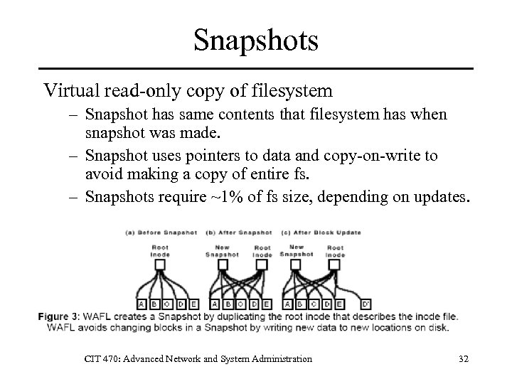 Snapshots Virtual read-only copy of filesystem – Snapshot has same contents that filesystem has