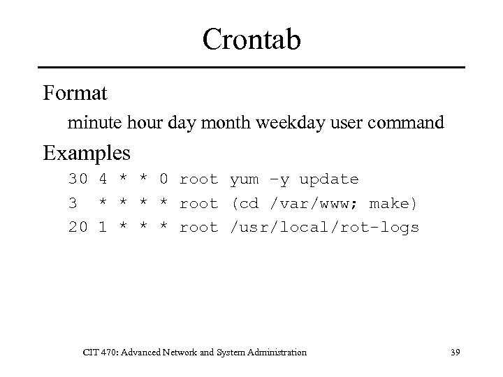 Crontab Format minute hour day month weekday user command Examples 30 4 * *